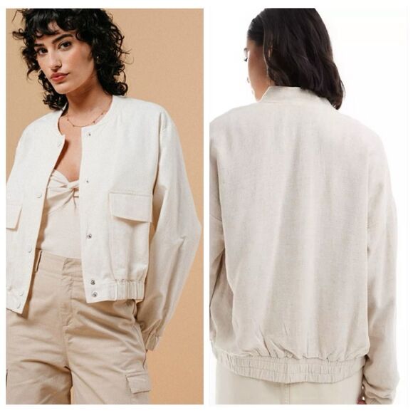Azel Hazel jacket Womens size Large bomber linen Ivory snap front casual woven - Picture 1 of 12